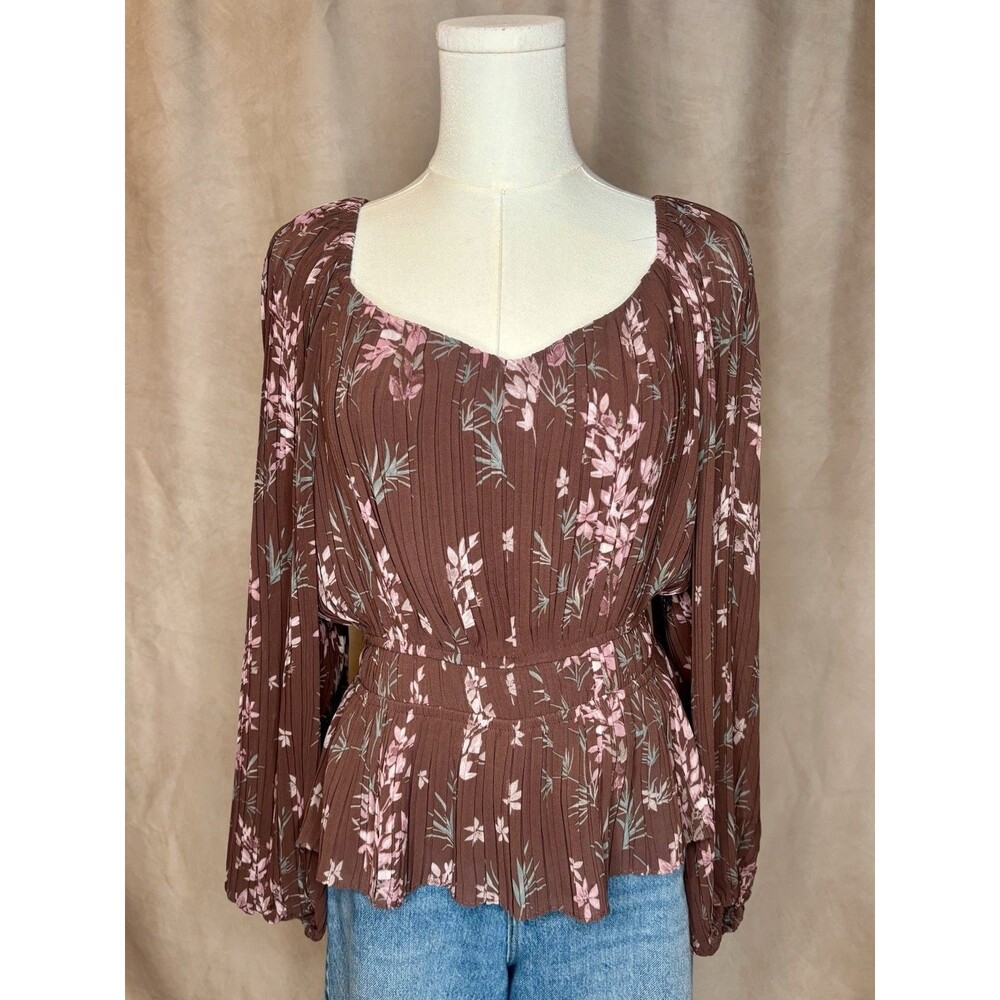 Les Serein Floral Peplum Blouse Small Long Sleeve Brown Pink Boho